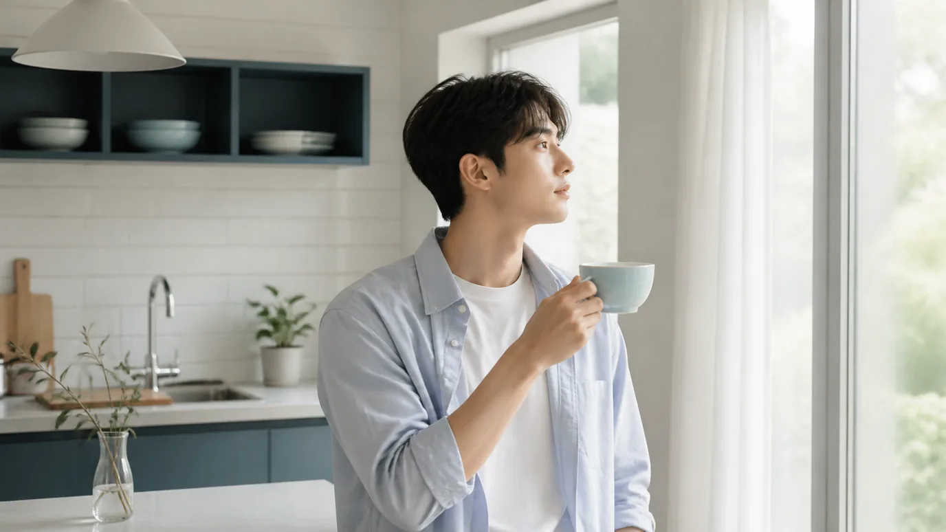 주방 창가에서 컵을 들고 밖을 바라보는 남성