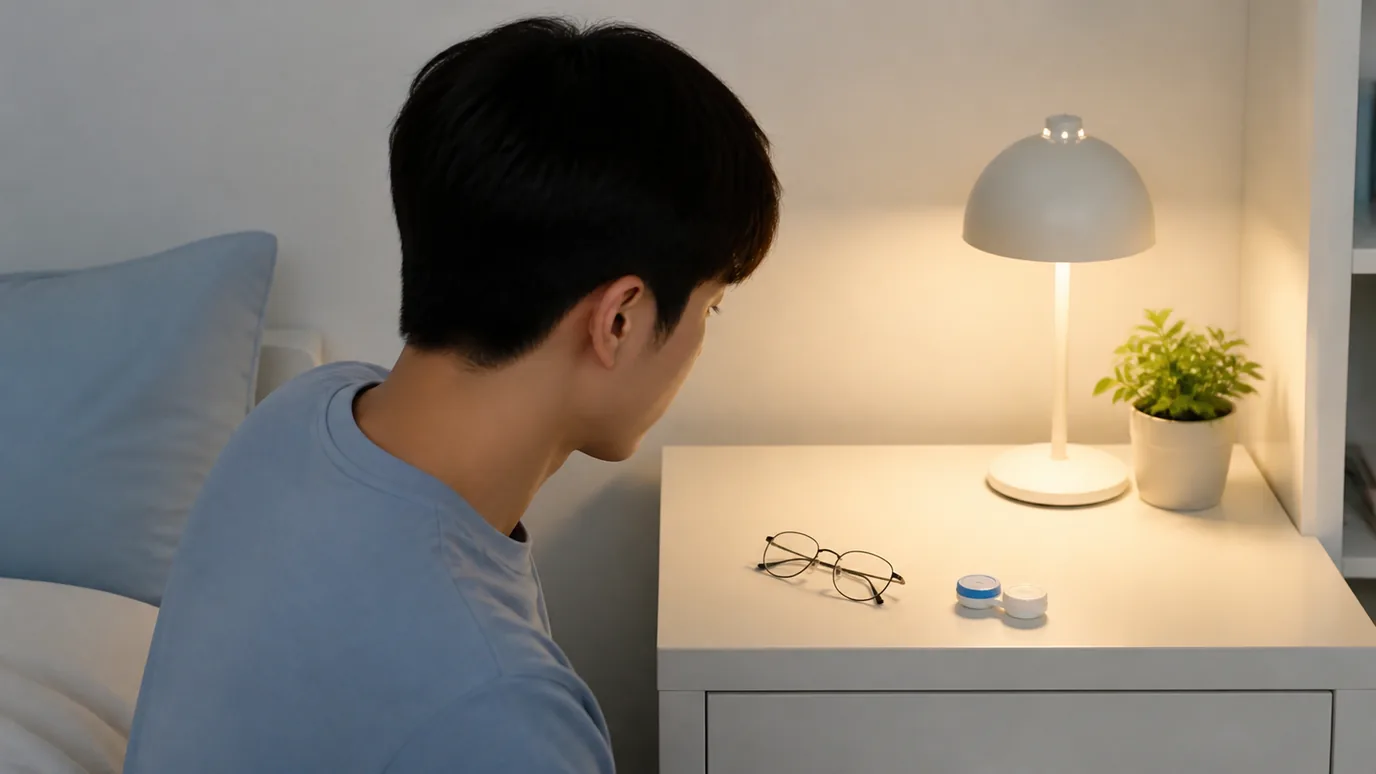 협탁 위에 안경과 렌즈 케이스를 내려놓고 바라보는 남성