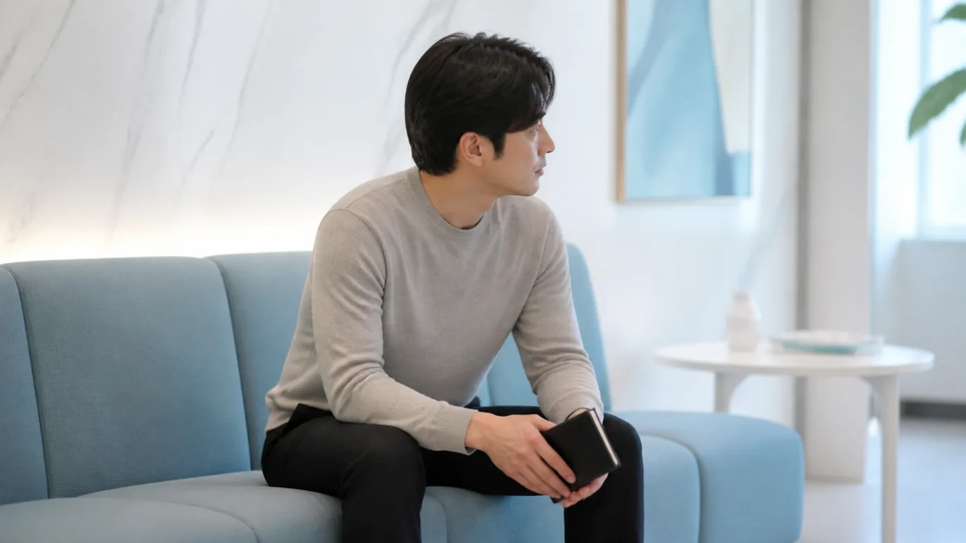 밝은 대기실 소파에 수첩을 들고 앉아 차례를 기다리는 남성