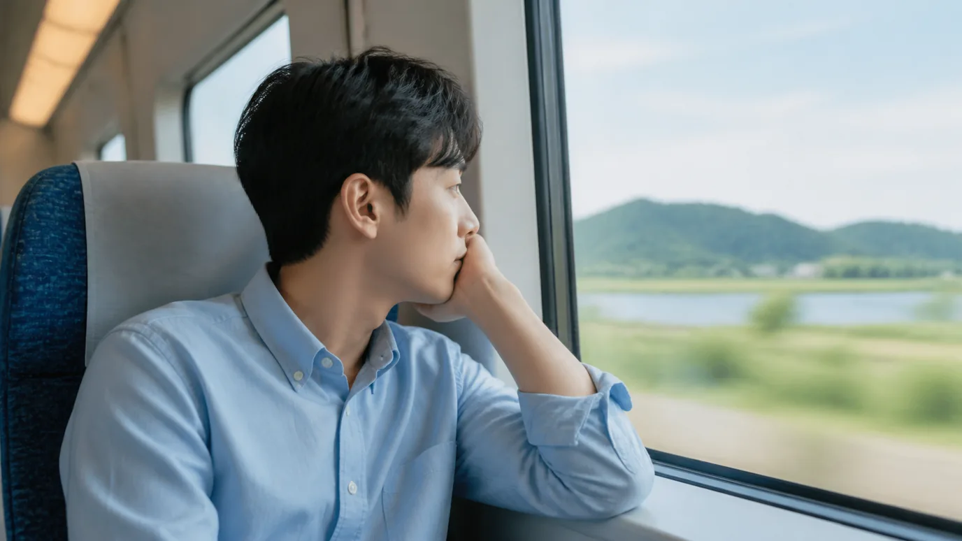 기차 창가에 앉아 창밖 풍경을 바라보는 남성 — 원거리 이동 상담 길