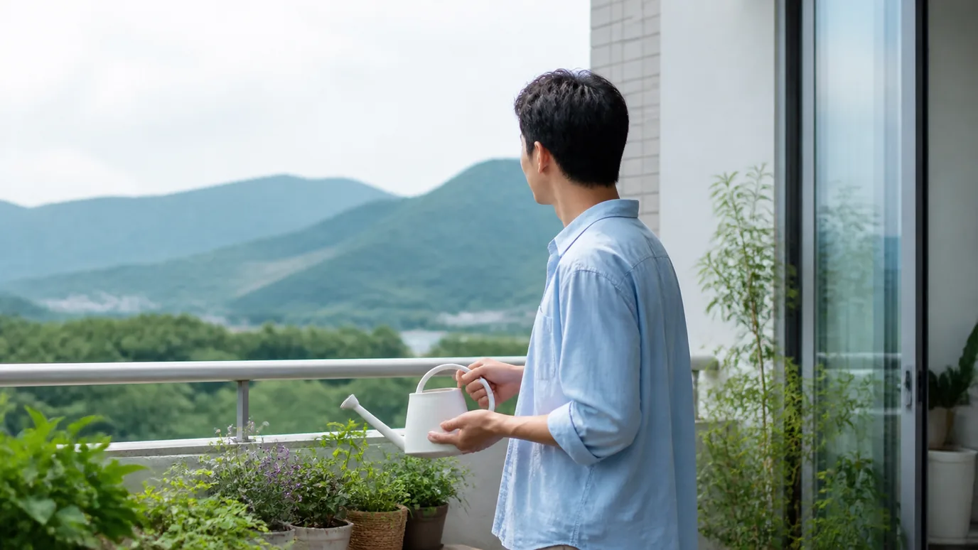 발코니 화분에 물을 주며 먼 산을 바라보는 남성 — 눈의 휴식