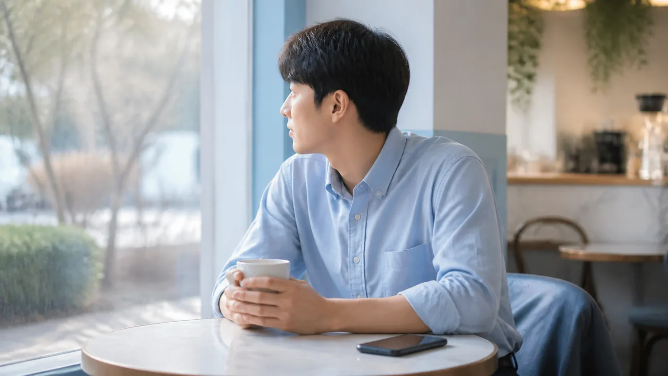 카페 창가 테이블에서 컵을 쥐고 창밖을 바라보는 남성