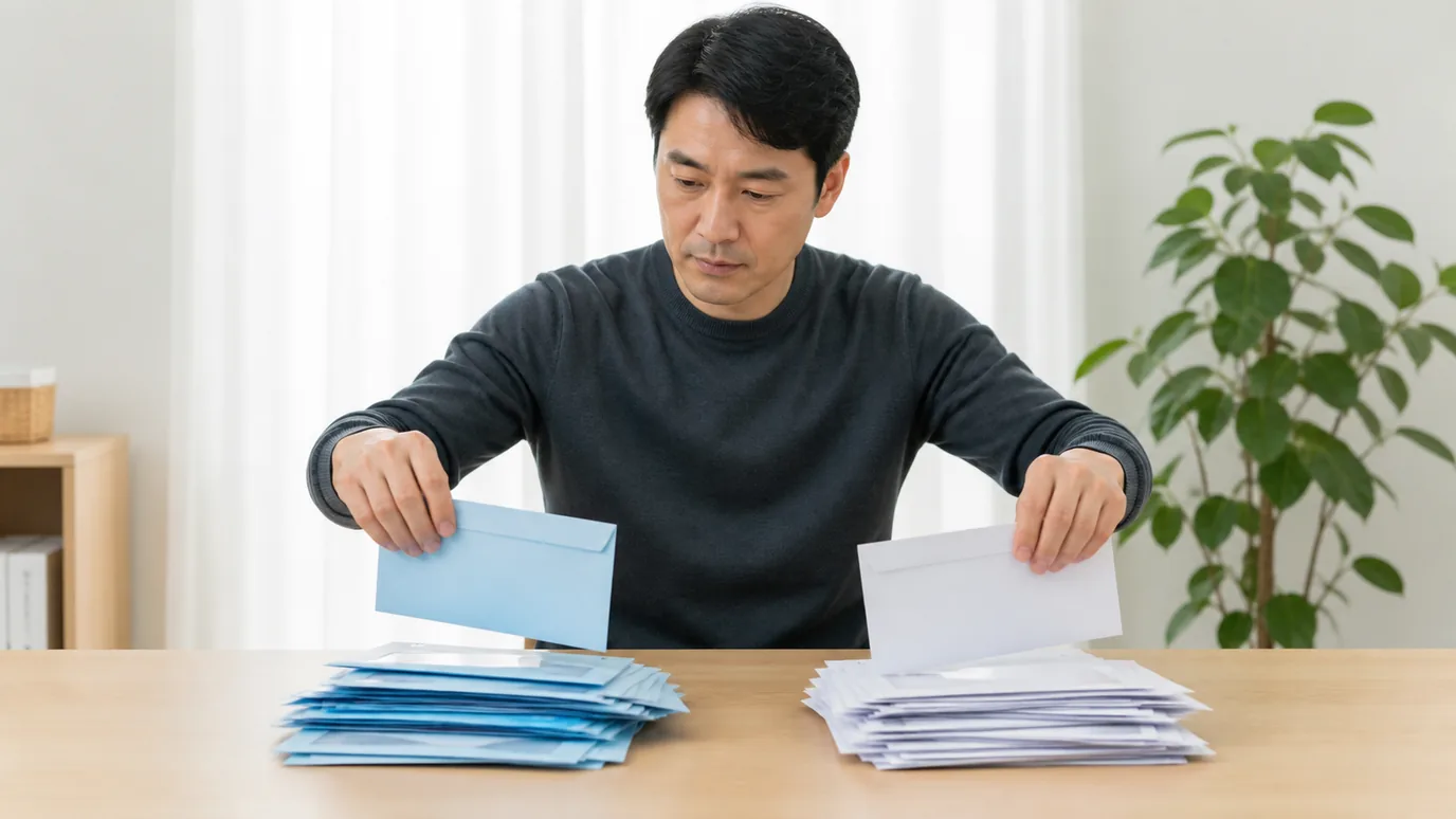 밝은 상담 공간에서 한국인 성인이 무표기 검사 봉투와 선택 카드를 차분히 대조하는 장면