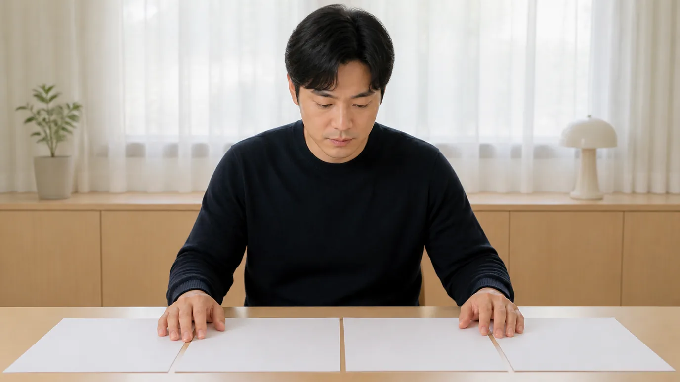 밝은 상담 공간에서 한국인 성인이 무표기 검사 봉투와 선택 카드를 차분히 대조하는 장면