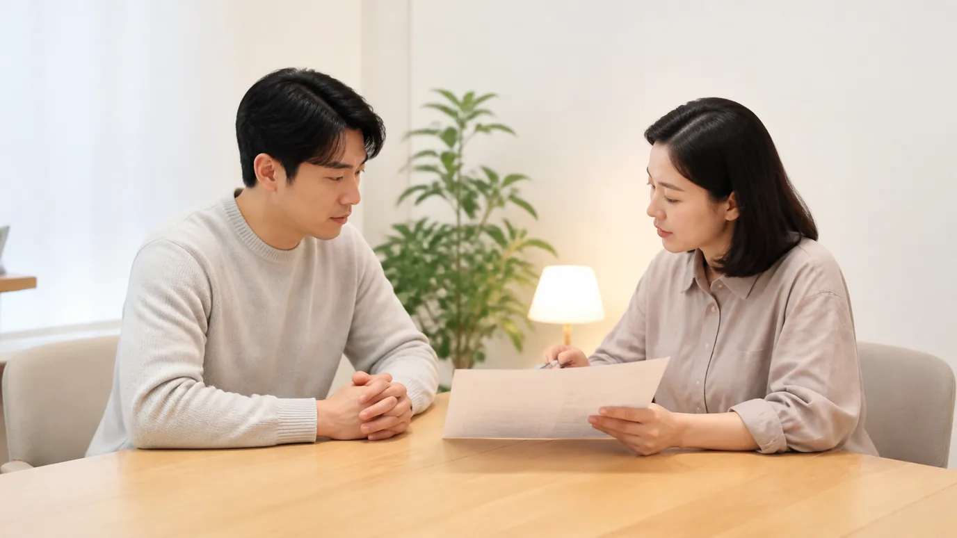 밝은 상담 공간에서 한국인 성인이 무표기 검사 봉투와 선택 카드를 차분히 대조하는 장면