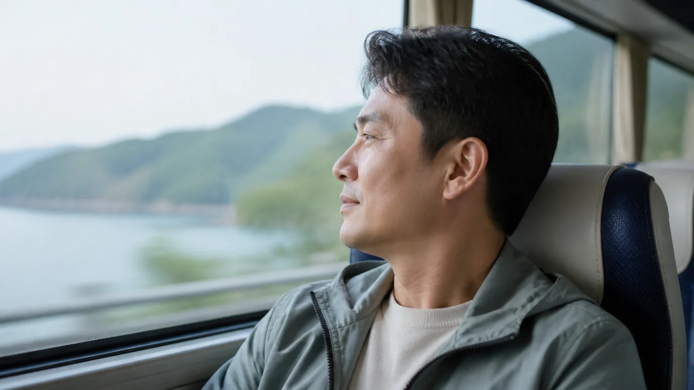 버스 좌석에서 창밖 호수 풍경을 바라보는 중년 남성