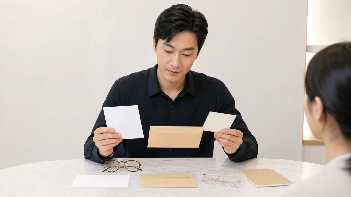 밝은 상담 테이블에서 30대 한국인 성인이 표식 없는 렌즈 포장 모형 두 개와 눈별 측정 봉투, 생활 장면 카드들을 세 묶음으로 대조하는 장면