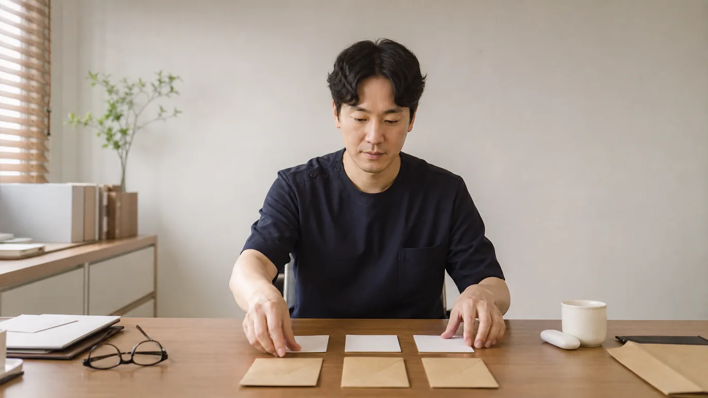 밝은 상담 테이블에서 40대 한국인 성인이 과거·현재 눈 상태를 상징하는 무표기 봉투와 관찰·교환·제거 갈래의 빈 카드를 펼쳐보는 장면