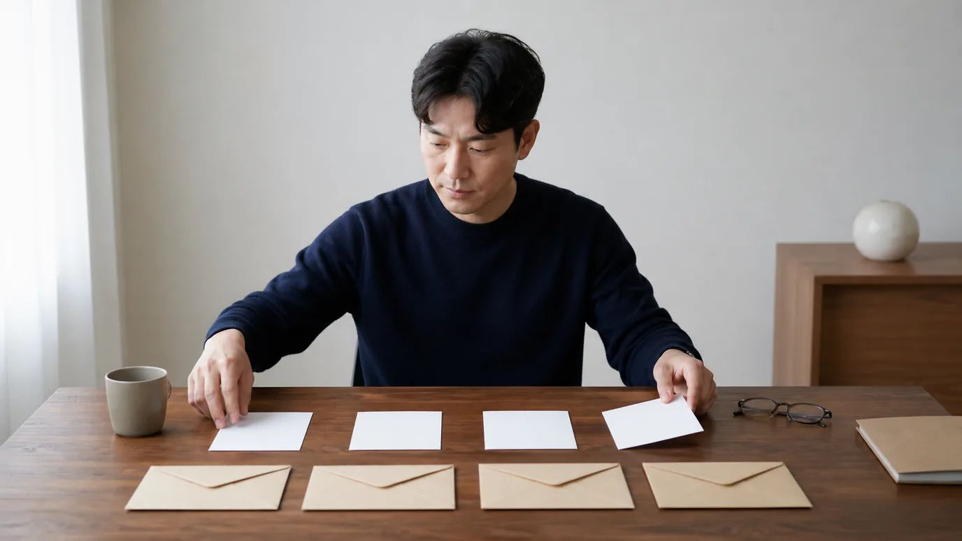 밝은 현관 옆 테이블에서 30대 한국인 성인과 동행인이 글자 없는 네 개의 일정 봉투와 귀가 가방을 시간 숫자 없이 순서대로 놓는 장면