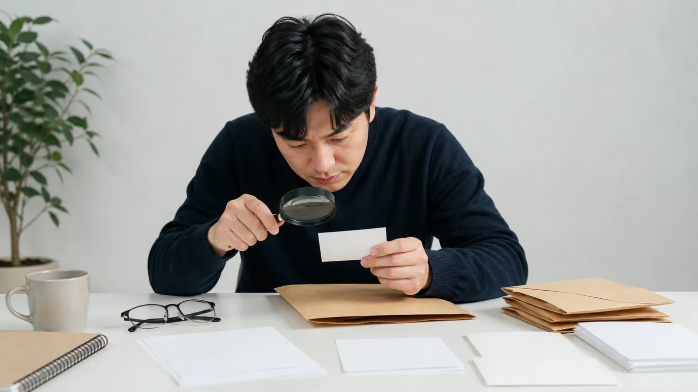 밝은 책상에서 30대 한국인 성인이 글자 없는 포장 상자와 출처 봉투, 확대경을 서로 떨어뜨려 놓고 제품 신원을 확인하는 장면