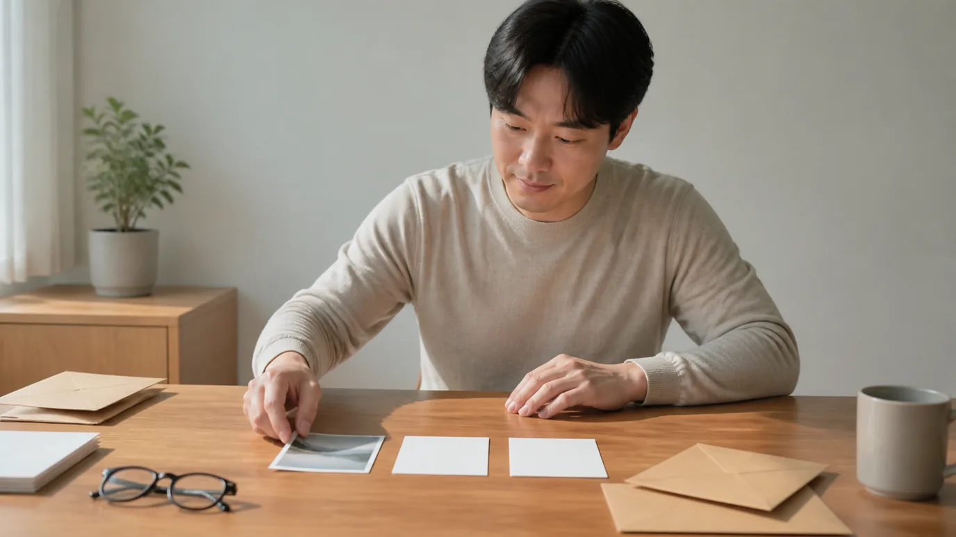 밝은 소파 옆 낮은 테이블에서 40대 한국인 성인이 글자 없는 후기 봉투와 개인 조건 카드들을 서로 겹치지 않게 비교하는 장면