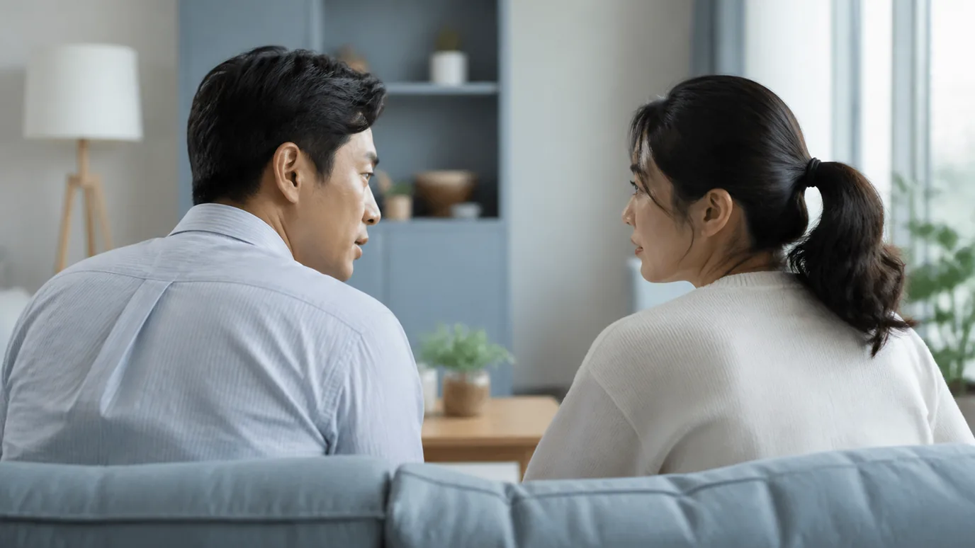 거실 소파에서 마주 보며 상의하는 부부