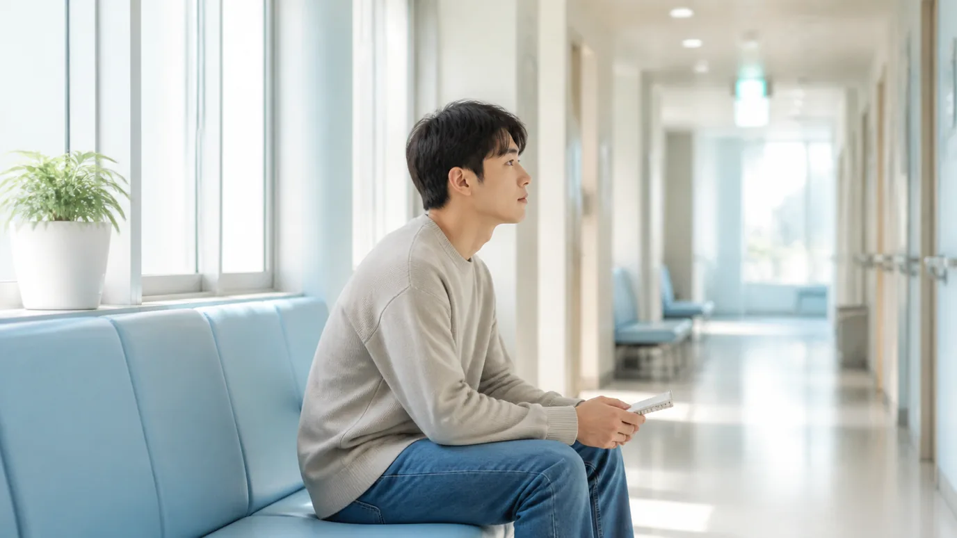 병원 복도 의자에 수첩을 들고 앉아 기다리는 남성