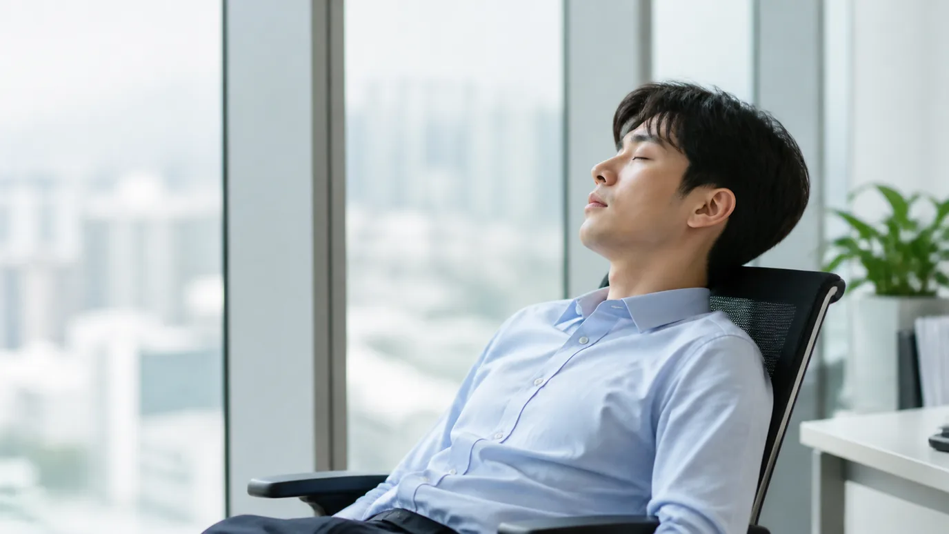 사무실 의자에 기대어 눈을 감고 쉬는 남성 — 회복기 휴식