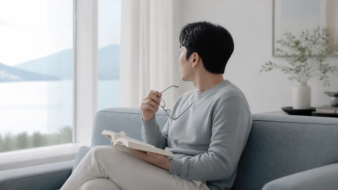 조용한 거실에서 30대 한국인 성인이 안경을 손에 든 채 창밖 먼 곳과 가까운 책을 번갈아 바라보는 장면