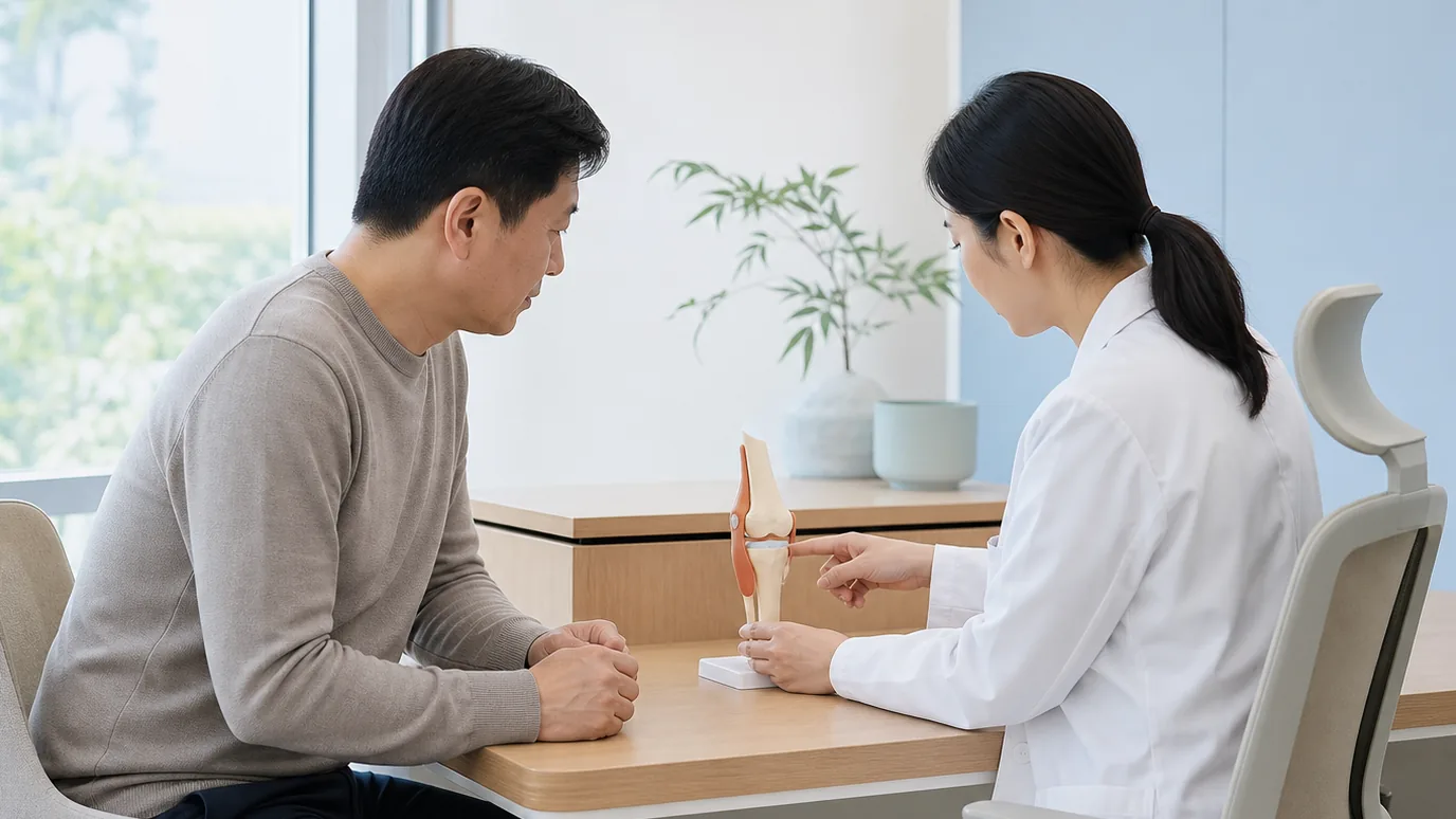 밝은 상담실에서 40대 한국인 성인이 한국인 의료진과 마주 앉아 렌즈 모형을 바라보는 장면