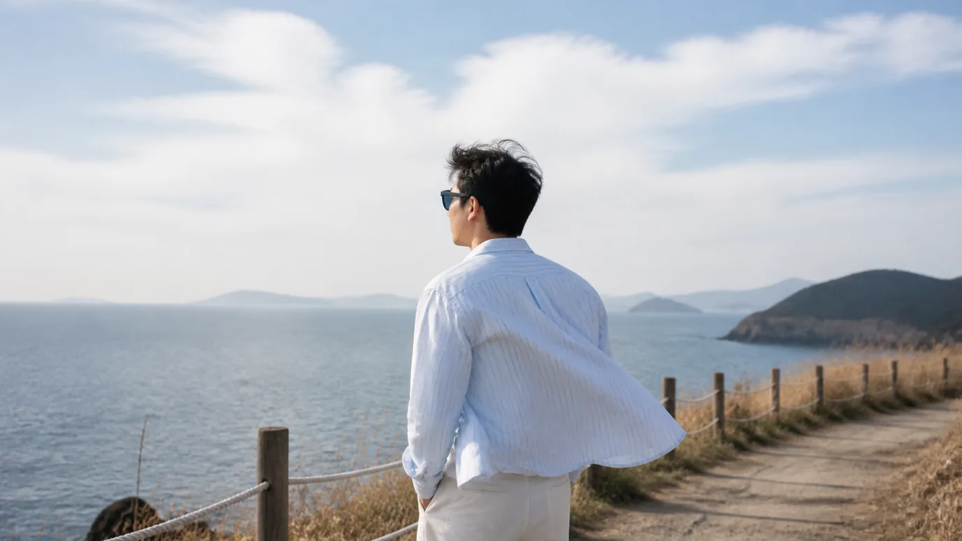 제주 해안 산책로에서 30대 한국인 성인이 바람을 피해 선글라스를 쓰고 먼 바다를 바라보는 장면