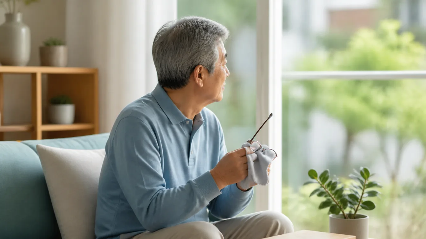 햇살 드는 거실에서 60대 한국인 성인이 안경을 벗어 천천히 닦으며 창밖을 바라보는 장면