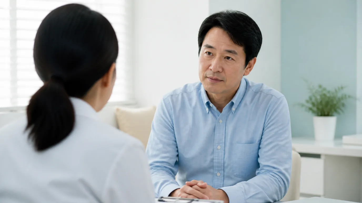 밝은 상담실에서 40대 한국인 성인이 한국인 의료진의 설명을 집중해 듣는 장면