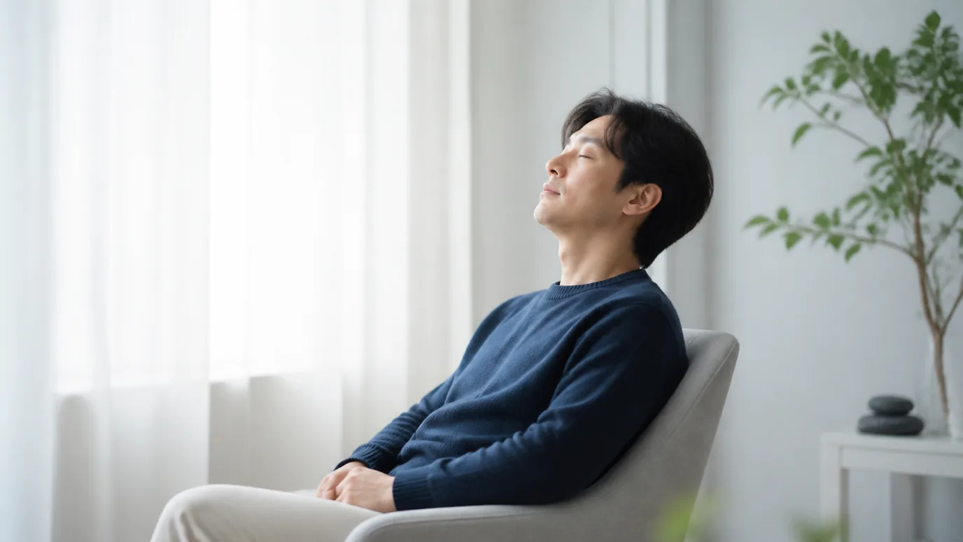 햇빛이 부드러운 방에서 30대 한국인 성인이 커튼 옆 의자에 기대어 눈을 감고 쉬는 장면