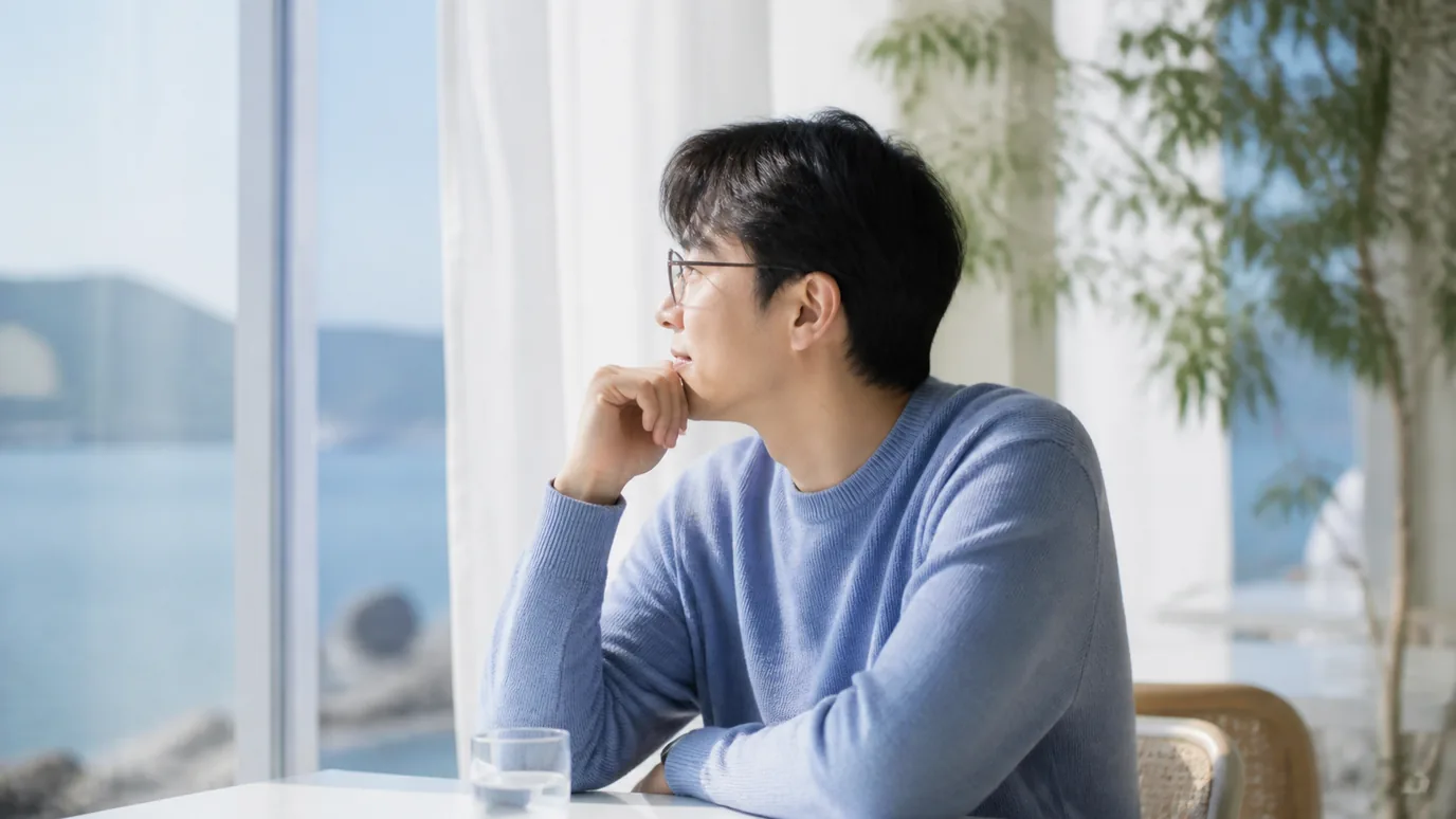 창가 테이블에서 30대 한국인 성인이 안경을 앞에 두고 차분히 생각하는 장면