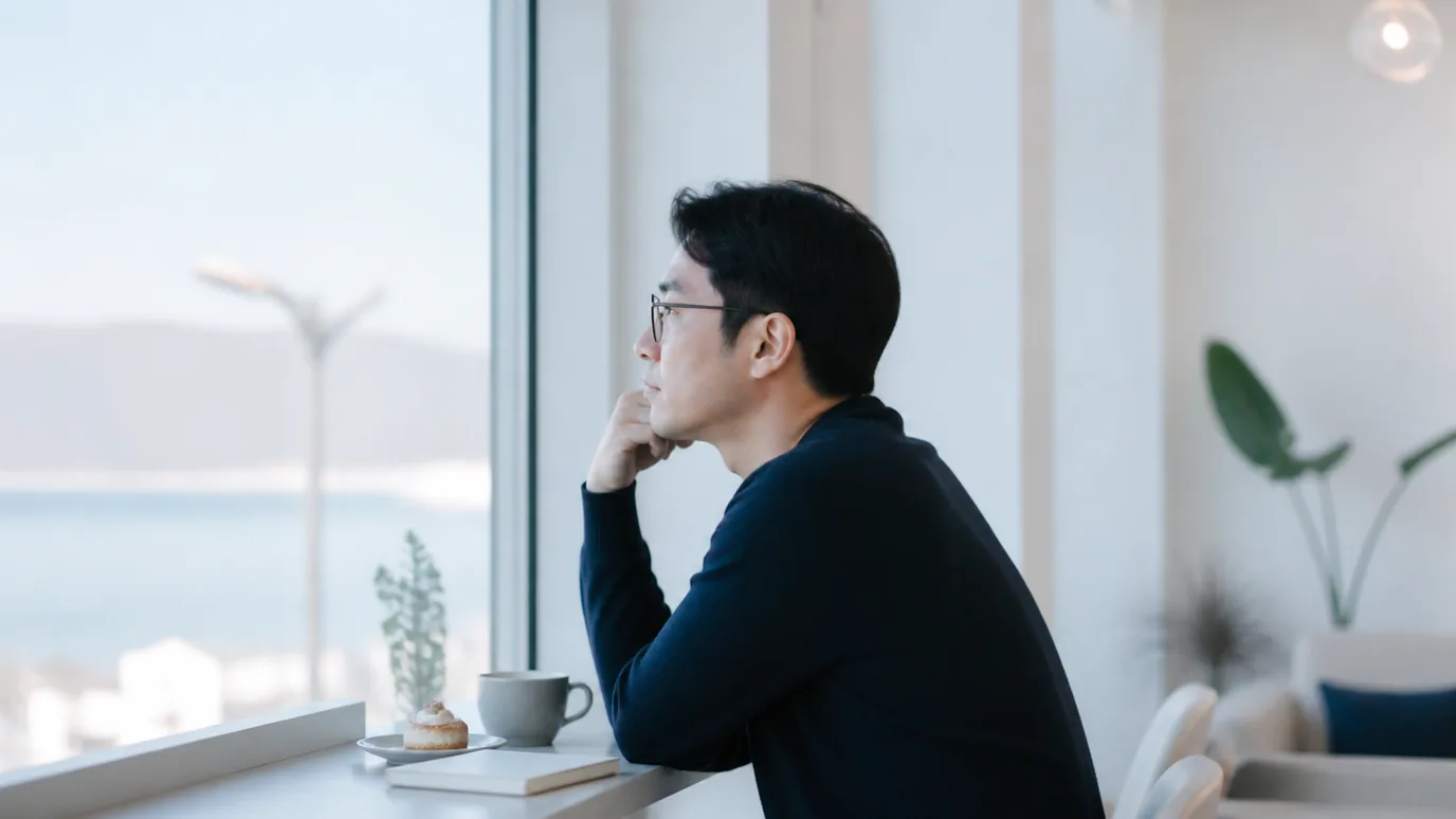 조용한 카페 창가에서 30대 한국인 성인이 안경을 쓴 채 생각에 잠긴 장면