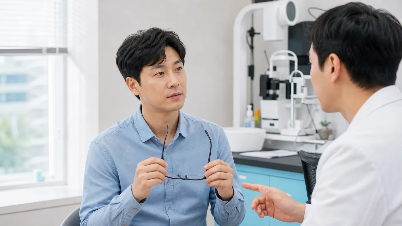 밝은 검사실에서 30대 한국인 성인이 안경을 벗어 손에 들고 한국인 의료진의 안내를 듣는 장면
