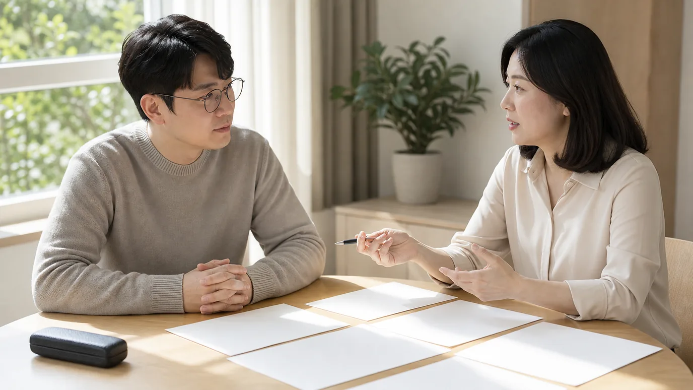 안과 검사실에서 20대 한국인 성인이 검사 장비 앞에 앉고 한국인 의료진이 옆에서 안내하는 장면
