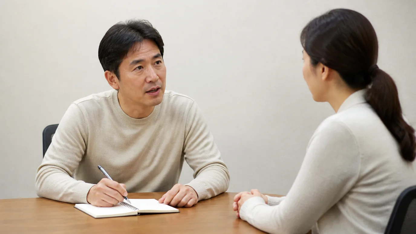 진료실에서 40대 한국인 성인이 한국인 의료진과 눈높이를 맞춰 대화하는 장면