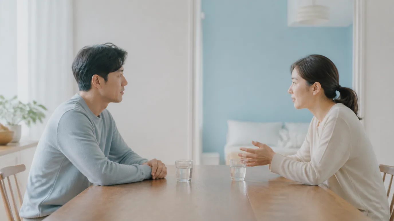 밝은 상담 테이블에서 30대 한국인 성인이 눈 상태 자료, 생활 일정 봉투와 혜택 확인 봉투를 차례로 놓는 장면