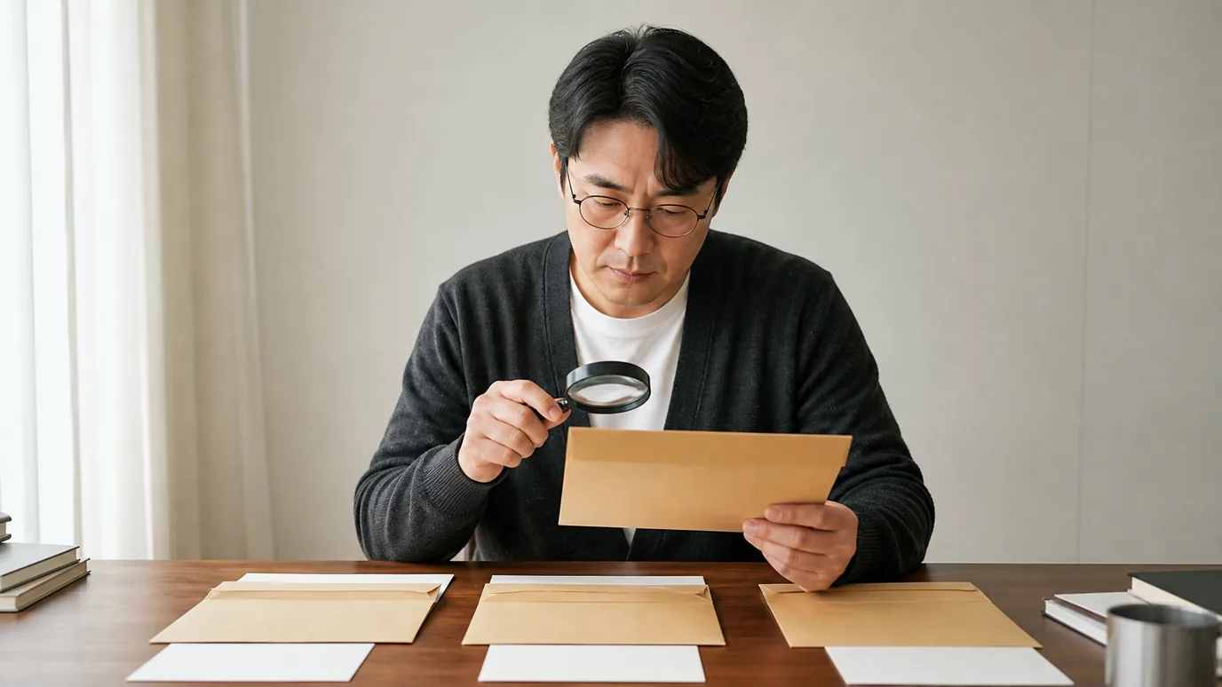 밝은 책상에서 40대 한국인 성인이 출처 봉투, 대상 범위 봉투와 단계별 확인 봉투를 돋보기로 살피는 장면