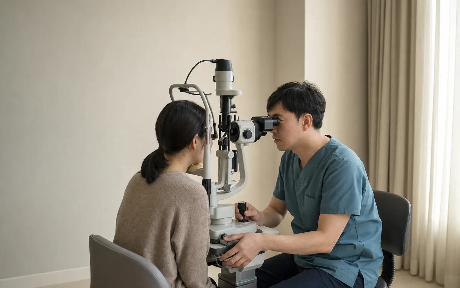 세극등 현미경을 이용한 추적 진찰에서 환자와 의료진이 각막 표면 소견을 확인하는 모습
