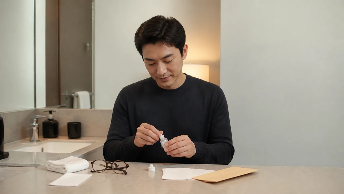밝은 세면 공간 옆 테이블에서 30대 한국인 성인이 라벨이 읽히지 않는 안약 용기와 부드러운 수건, 관리 봉투를 분리해 놓는 장면