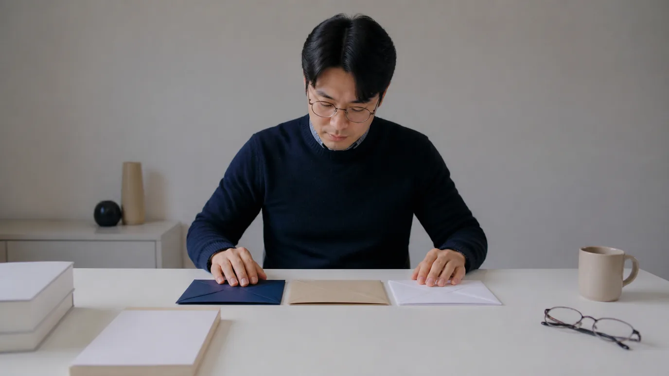밝은 책상에서 30대 한국인 성인이 서로 다른 색의 제안 봉투 두 개와 최종 확인 봉투를 같은 줄에 맞추는 장면