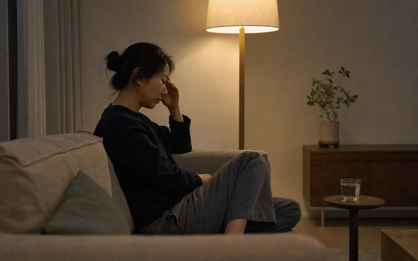 저녁 조명 아래 소파에 앉아 눈가를 가만히 짚고 있는 사람의 옆모습