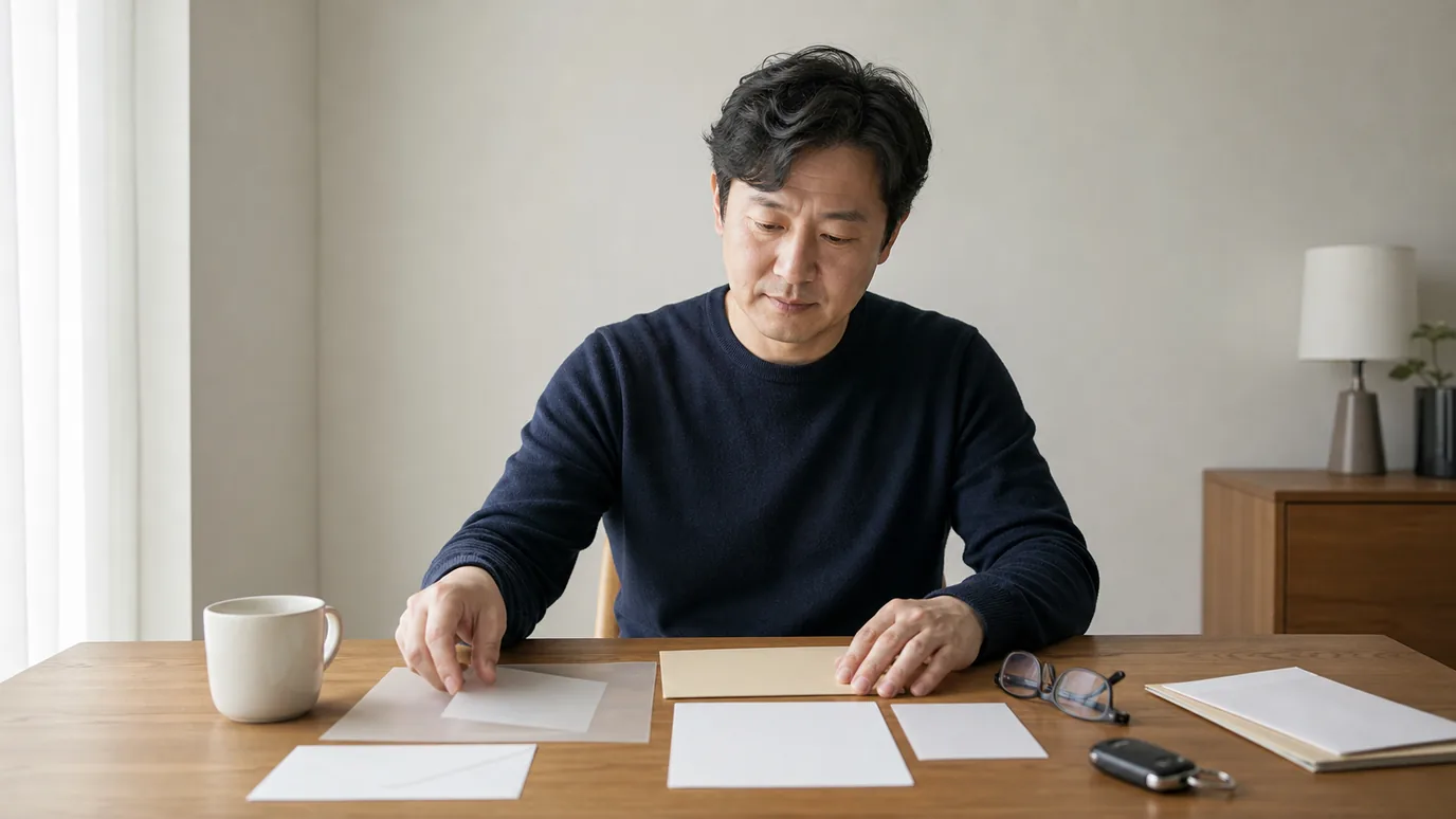 밝은 실내에서 40대 한국인 성인이 자동차 열쇠 옆에 서로 다른 빛 모양을 뜻하는 비어 있는 투명 소품과 관찰 봉투를 정리하는 장면