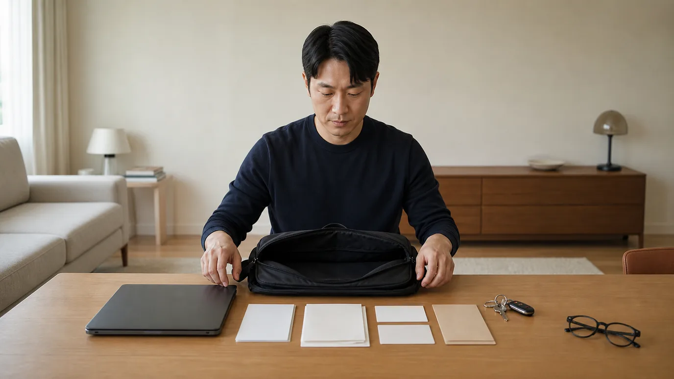 밝은 집 안에서 30대 한국인 성인이 출입용 가방, 닫힌 노트북과 자동차 열쇠를 세 구역으로 나눠 보는 장면