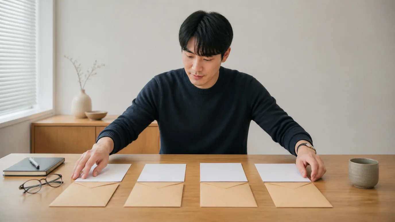 밝은 상담실에서 30대 한국인 성인이 위험, 근거, 대안과 대응을 뜻하는 네 개의 무문자 질문 봉투를 펼쳐 보는 장면