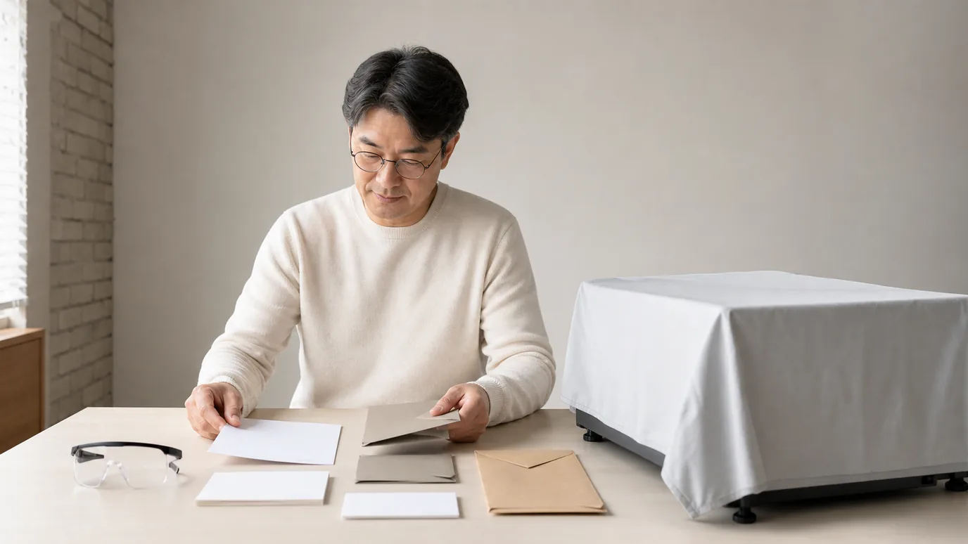밝은 중립 공간에서 40대 한국인 성인이 덮개가 씌워진 비식별 레이저 장비 옆에 사양, 입력, 통제와 한계를 뜻하는 무문자 봉투를 놓는 장면