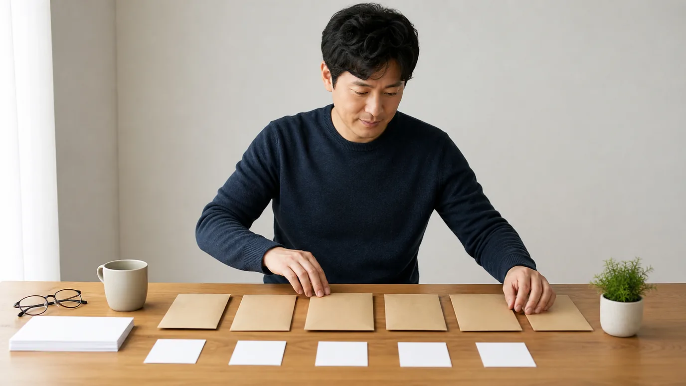 밝은 테이블에서 30대 한국인 성인이 검색, 검사, 결정, 수술과 추적을 뜻하는 서로 다른 무문자 봉투를 시간 순서로 놓는 장면
