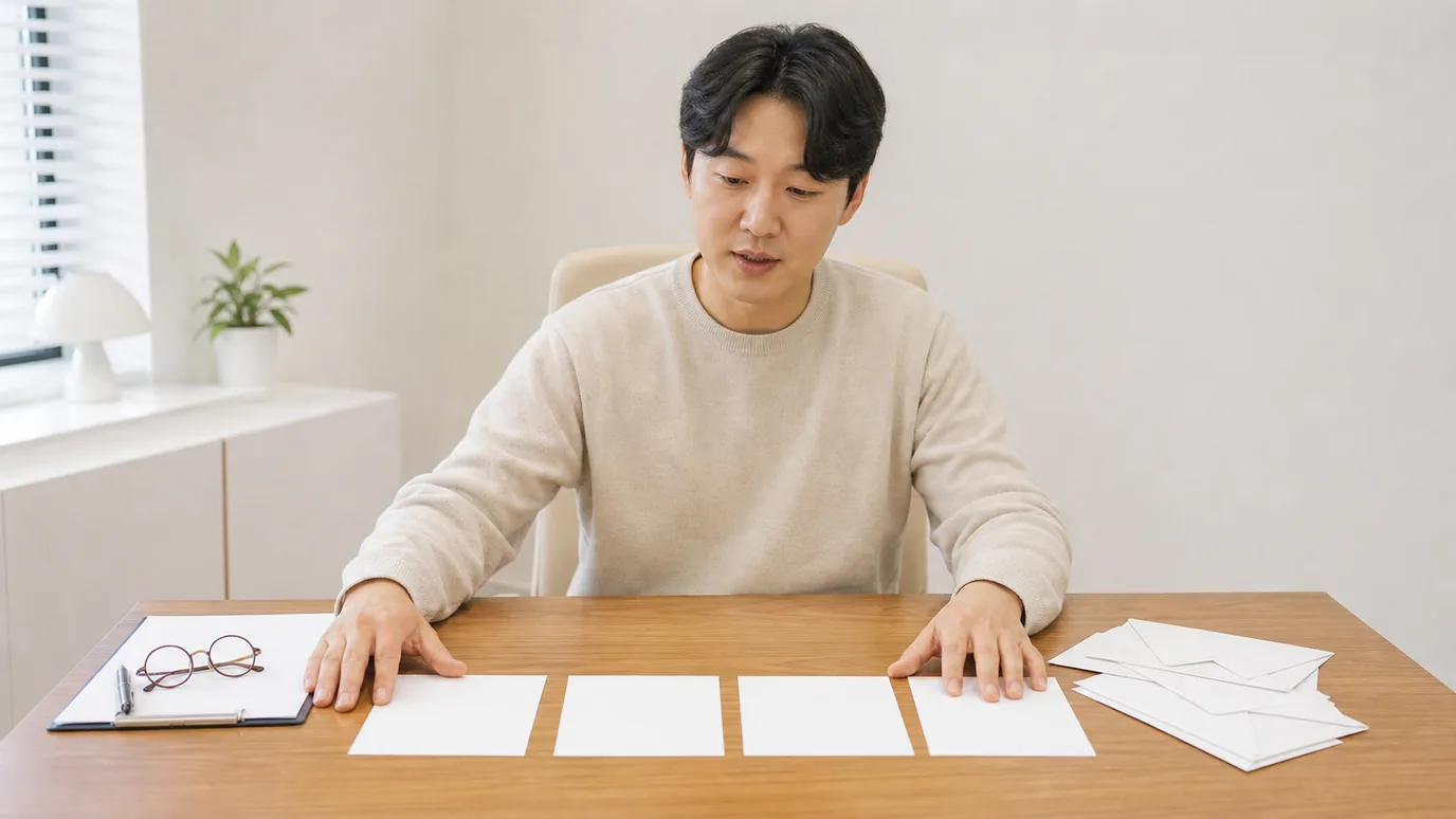 밝은 상담실 테이블에서 30대 한국인 성인이 무표기 질문 카드와 연락·재검·관찰·개입을 상징하는 봉투를 차례로 놓는 장면