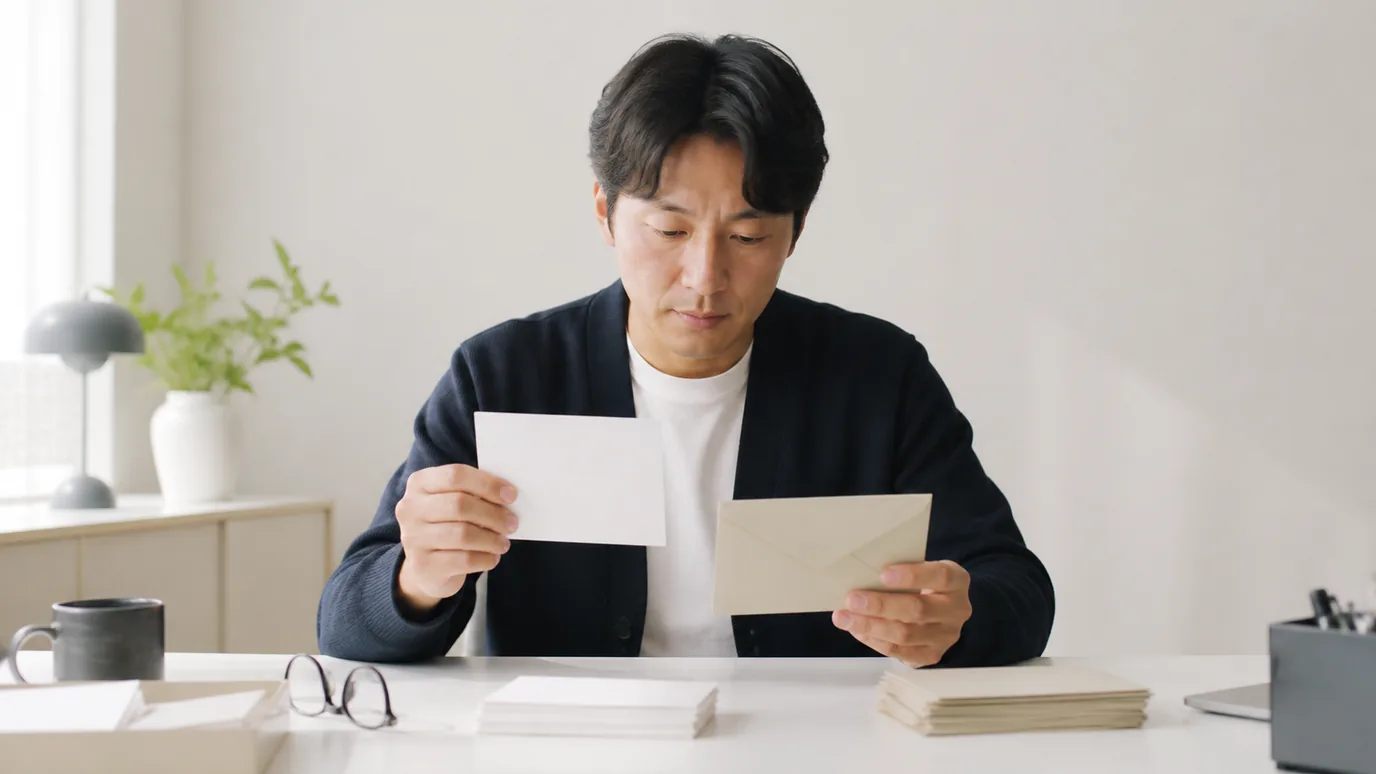 밝은 책상에서 30대 한국인 성인이 무표기 후기 봉투들을 술식·관찰·진단·대응 네 칸에 각각 분류하는 장면
