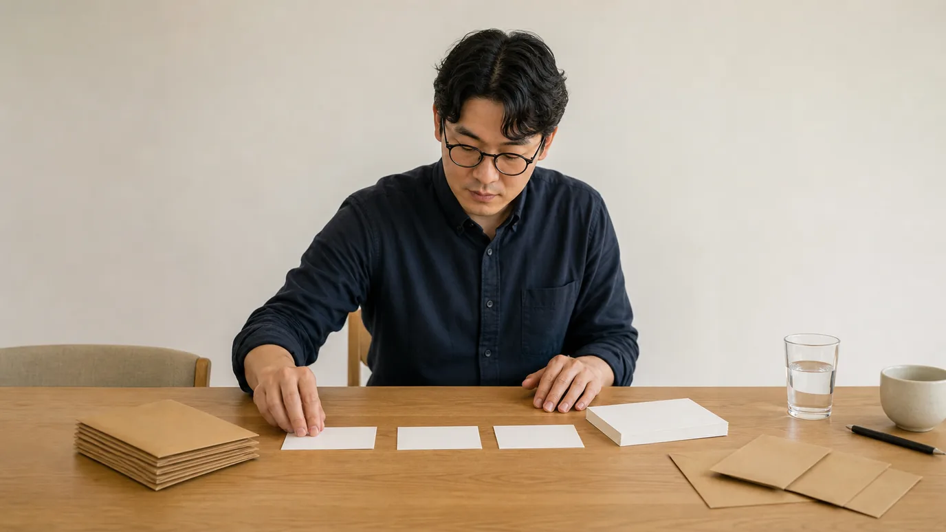 밝은 상담 공간에서 30대 한국인 성인이 무표기 마취 안내 봉투와 수술 전·중·후 감각 카드를 차례로 살피는 장면