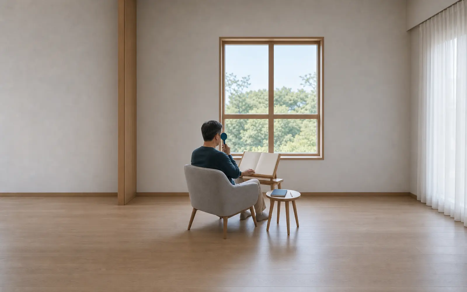 한쪽 눈씩 같은 책과 곧은 창틀을 확인하고 노트에 변화 기록을 준비하는 장면