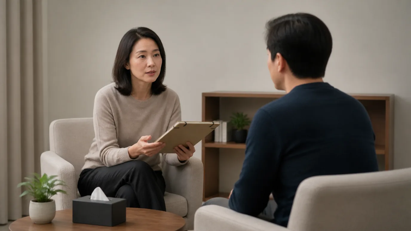 중립적인 상담실에서 40대 한국인 성인이 평상복 상담자와 마주 앉아 닫힌 종이 기록철을 손에 들고 질문하는 장면