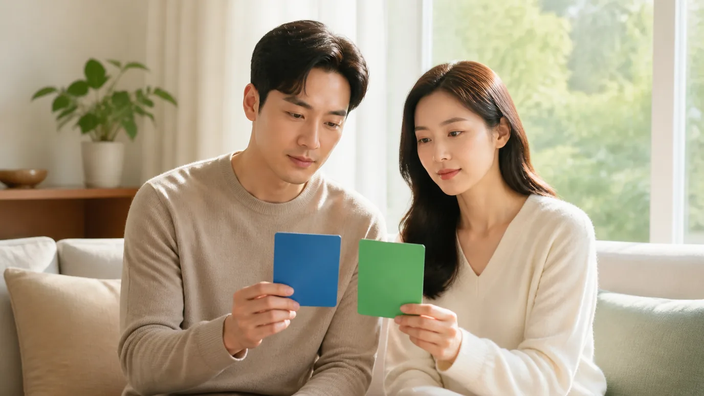 햇빛 드는 거실 창가에서 30대 한국인 성인이 서로 다른 색의 단색 종이 카드 두 장을 들고 차분히 비교하는 장면