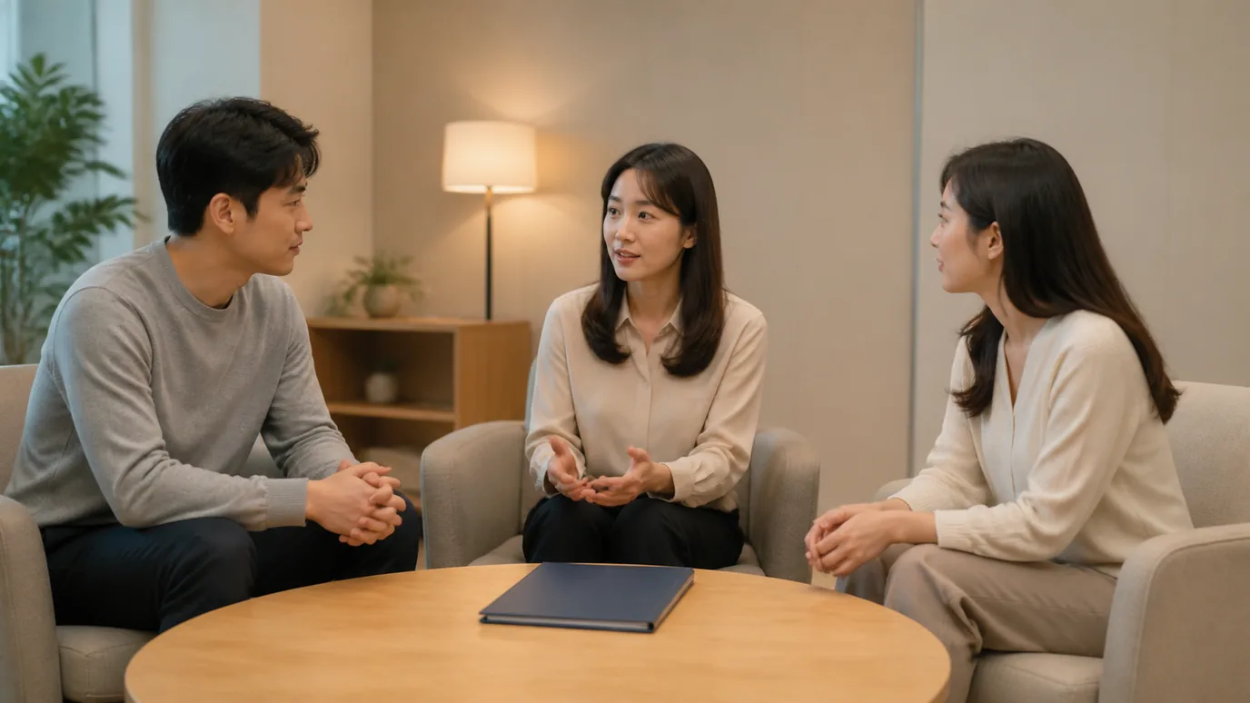 차분한 상담 라운지에서 30대 한국인 성인 두 명과 평상복 상담자가 닫힌 단색 종이 자료집을 사이에 두고 대화하는 장면