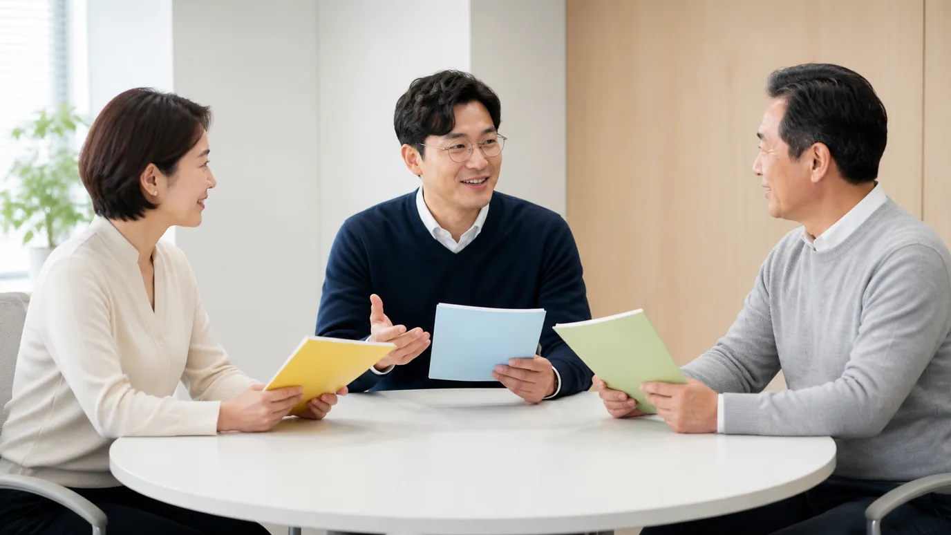 밝은 회의실에서 서로 다른 연령대의 한국인 성인 세 명이 단색 종이 책자를 각각 들고 원탁에 앉아 대화하는 장면