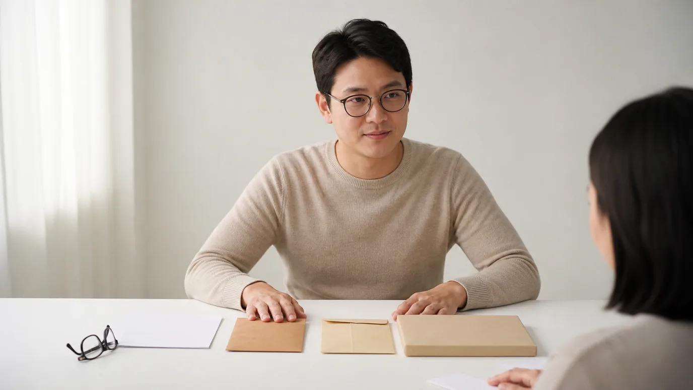 밝은 상담 테이블에서 일반 복장의 30대 한국인 성인이 대상 확인 봉투, 가려진 증빙 봉투와 승인 기록 봉투를 순서대로 놓는 장면, 제복 표현 없음