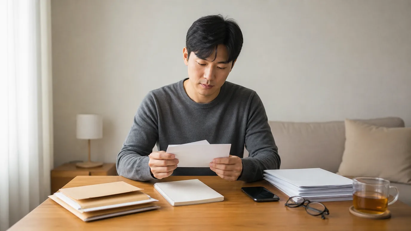 밝은 집에서 일반 복장의 30대 한국인 성인이 기관 확인 봉투, 질문 노트, 귀가 지원용 휴대전화와 의료 기록을 준비하는 장면, 제복 표현 없음